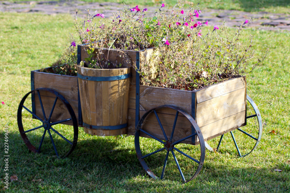 Flower cart with two baskets in summer garden
