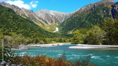 4K, Kamikochi National Park in the Northern Japan Alps of Nagano, Matsumoto, Japan with Azusa river sound, landscape, travel and nature concept photo