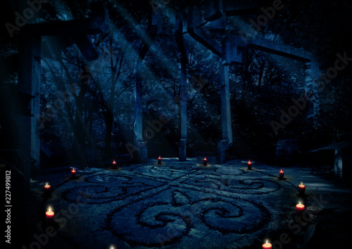 Paganist temple in night forest