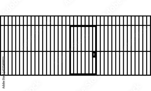 A front view of the bars of a jail cell with iron bars and a door on an isolated background vector eps 10