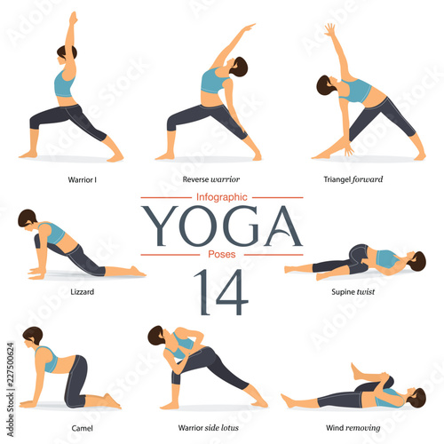 Set of 8 yoga poses in flat design . Woman figures exercise in blue sportswear and black yoga pant for yoga infographics. Vector Illustration.