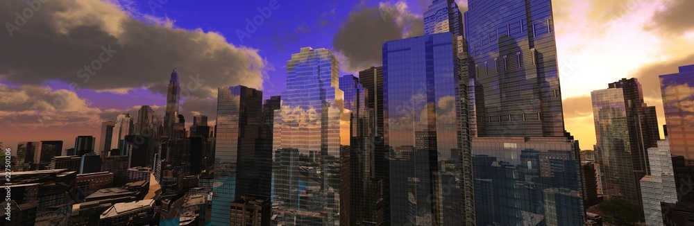 Modern city with skyscrapers at sunset
