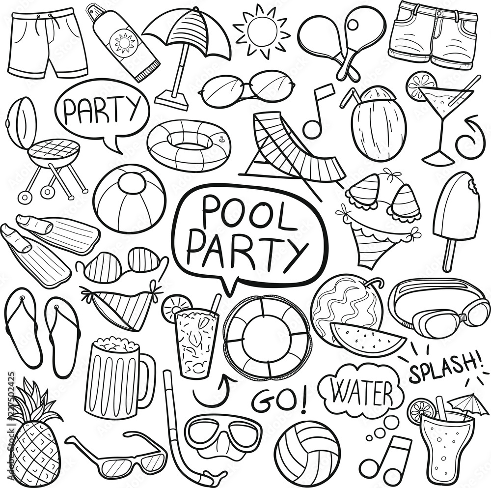 Pool Party Summer Traditional Doodle Icons Sketch Hand Made Design Vector