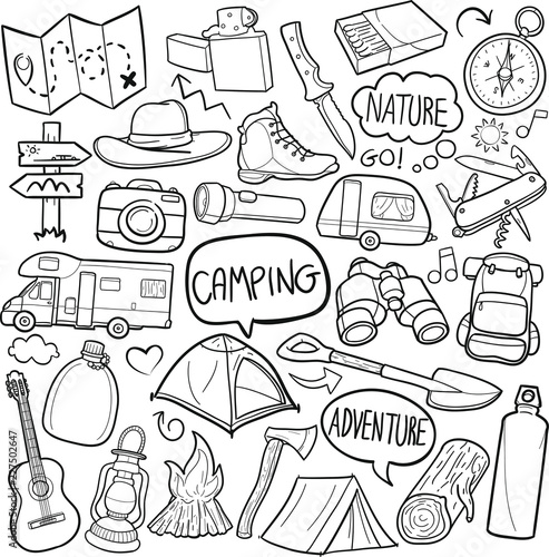 Camping Mountain Traditional Doodle Icons Sketch Hand Made Design Vector