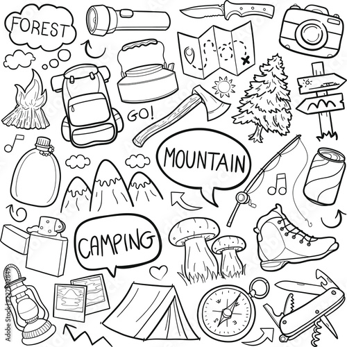 Mountain Adventure Traditional Doodle Icons Sketch Hand Made Design Vector