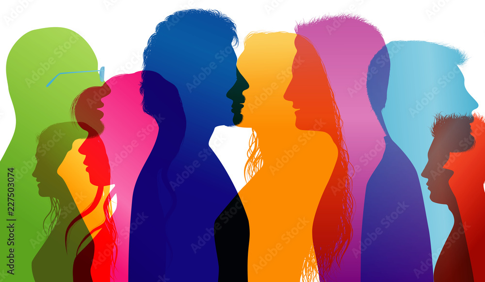 Dialogue between young students. Young people talking. Colored silhouette profiles. Talking crowd. Vector Multiple exposure Dialogue between young students. Young people talking. Colored silhouette profiles. Talking crowd. Vector Multiple exposure