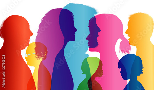 Dialogue between people of different ages. Talking crowd. Colored silhouette profiles. Comparison of people. Vector Multiple exposure