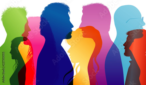 Dialogue between students. Young people talking. Colored silhouette profiles. Crowd of young people talking. Vector Multiple exposure