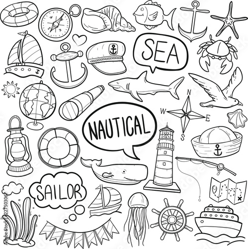 Nautical Sea Life Traditional Doodle Icons Sketch Hand Made Design Vector