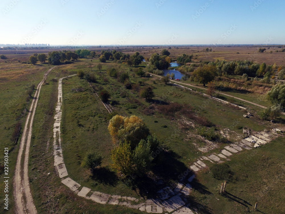 Remains of an old abandoned road.Aerial view of the countryside. Near Kiev