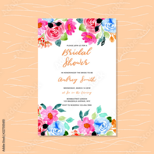 bridal shower invitation with floral watercolor frame