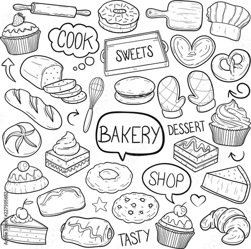 Bakery Pastry Shop Traditional Doodle Icons Sketch Hand Made Design Vector