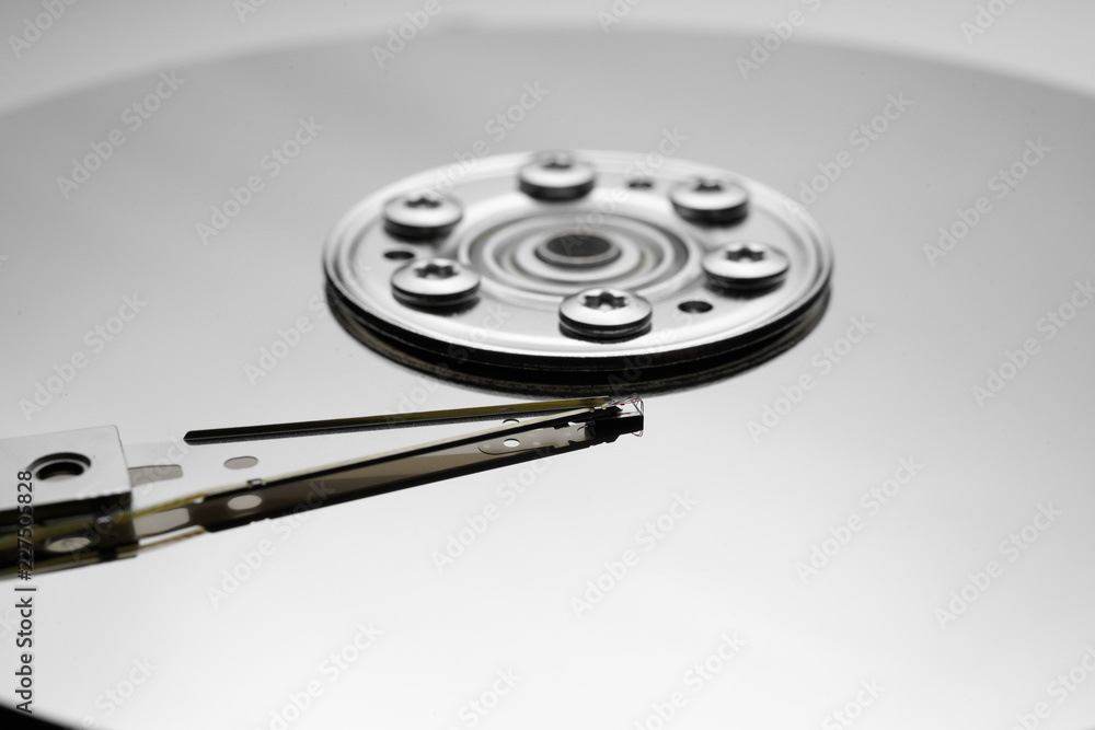 Close up of hard disk's internal mechanism hardware Close up of hard disk's internal mechanism hardware