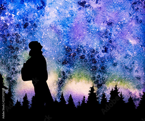 Person with backpack watching the stars in night sky above the pine forest vector background