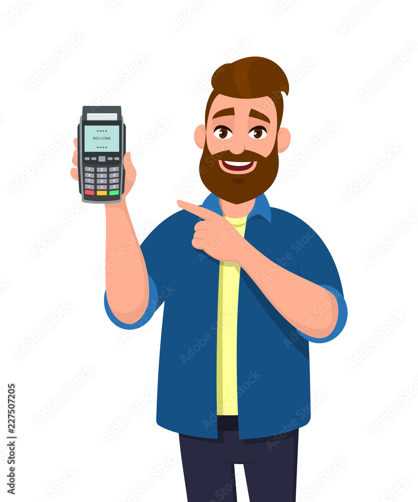 Man showing / holding credit / debit card and POS terminal payment card swipe machine and pointing hand. Payment, purchase, sale, shopping concept illustration in vector cartoon style. Man showing / holding credit / debit card and POS terminal payment card swipe machine and pointing hand. Payment, purchase, sale, shopping concept illustration in vector cartoon style.