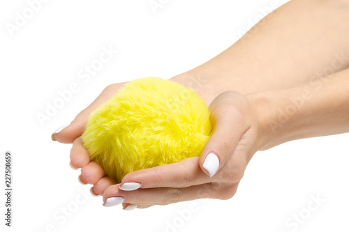 Fur ball yellow in hand on white background isolation