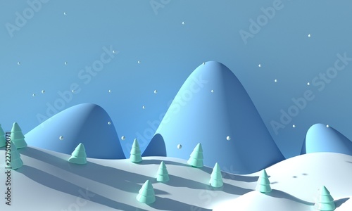 Winter forest landscape with mountains and snow. 3d rendering