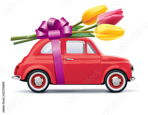 Retro car with tulips isolated on white. Realistic vector 3d illustration