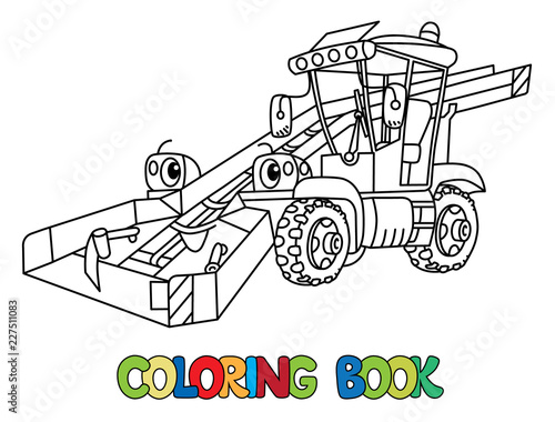 Funny snowthrower car with eyes. Coloring book
