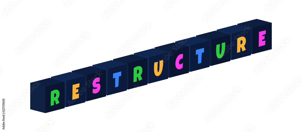 Restructure - multi-colored text written on isolated 3d boxes on white background Restructure - multi-colored text written on isolated 3d boxes on white background