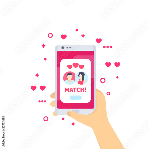 Online dating app, match on screen, smartphone in hand, vector