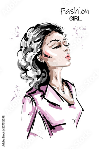 Hand drawn beautiful young woman profile. Stylish elegant girl. Fashion woman portrait. Sketch.
