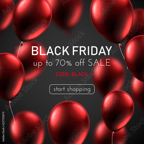 Black friday sale promo poster with red shiny balloons.