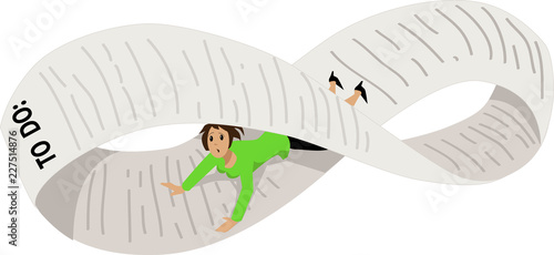 Disoriented woman on an endless to-do list, bent into a Möbius strip, EPS 8 vector illustration