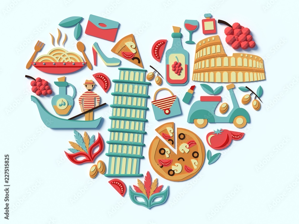 A stylized compilation of the sights of Italy. Food and buildings of Rome. Flatley and 3d icons A stylized compilation of the sights of Italy. Food and buildings of Rome. Flatley and 3d icons