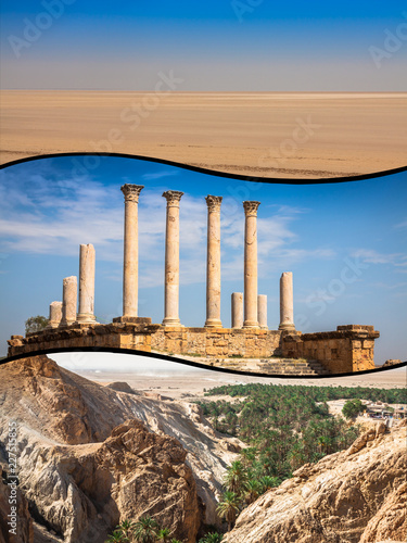 Collage of tourist photos of the Tunisia.
