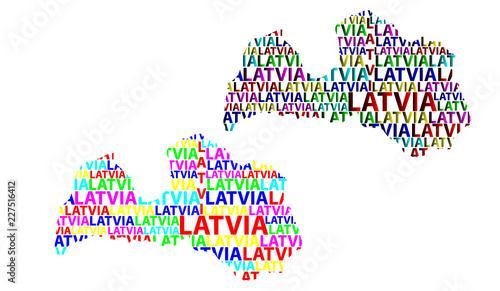 Sketch Latvia letter text map, Republic of Latvia - in the shape of the continent, Map Latvia - color vector illustration