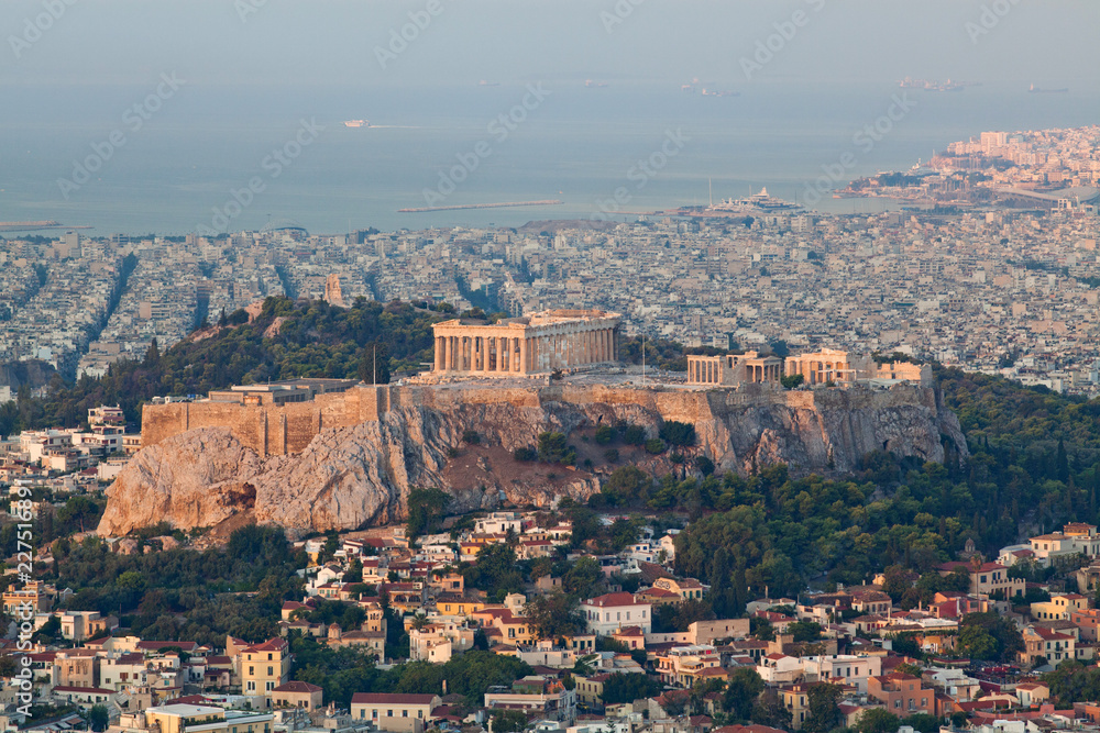 cityscape of Athens in early morning with the Acropolis seen from Lycabettus Hill, the highest point in the city cityscape of Athens in early morning with the Acropolis seen from Lycabettus Hill, the highest point in the city