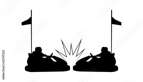 Two amusement park bumper cars hit silhouettes, isolated on white background photo
