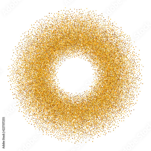 Gold circle glitter frame. Golden confetti dots round on white background. Bright texture pattern for Christmas celebration party, New Year card. Glow border. Abstract design. Vector illustration