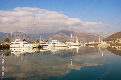 Winter Mediterranean landscape. Montenegro, Adriatic Sea, Bay of Kotor. View of Porto Montenegro - yacht marina in Tivat city