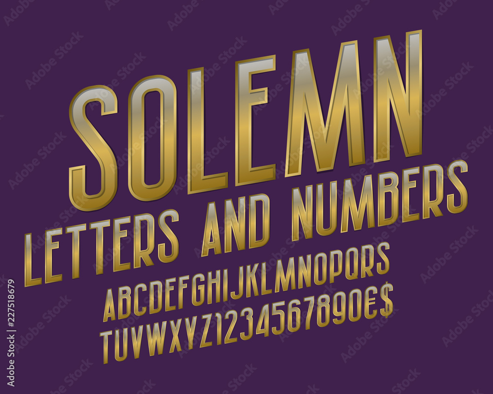 Solemn alphabet with numbers and currency signs. Golden font.