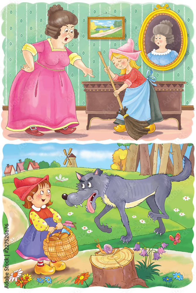 Cinderella. Little Red Riding Hood. Two fairy tales. Coloring page.  Illustration for children. Cute and funny cartoon characters Stock  Illustration | Adobe Stock
