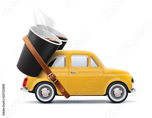 Paper cups of coffee on car isolated on white. Realistic vector 3d illustration