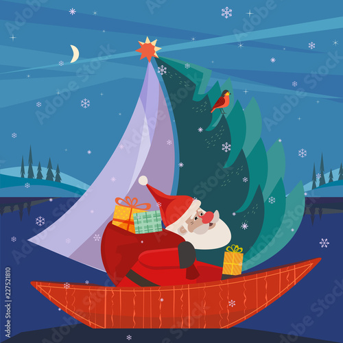 Cute Santa Claus sailing in festive sailboat with Christmas tree, gifts present. Fun boat on lake in snowy mountain valley. Colorful fun cartoon. Vector design for winter holiday season new year event