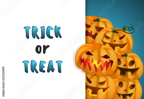 Trick or treat banner design with cruel pumpkins on blue and white background. Realistic lettering can be used for invitations, signs, announcements