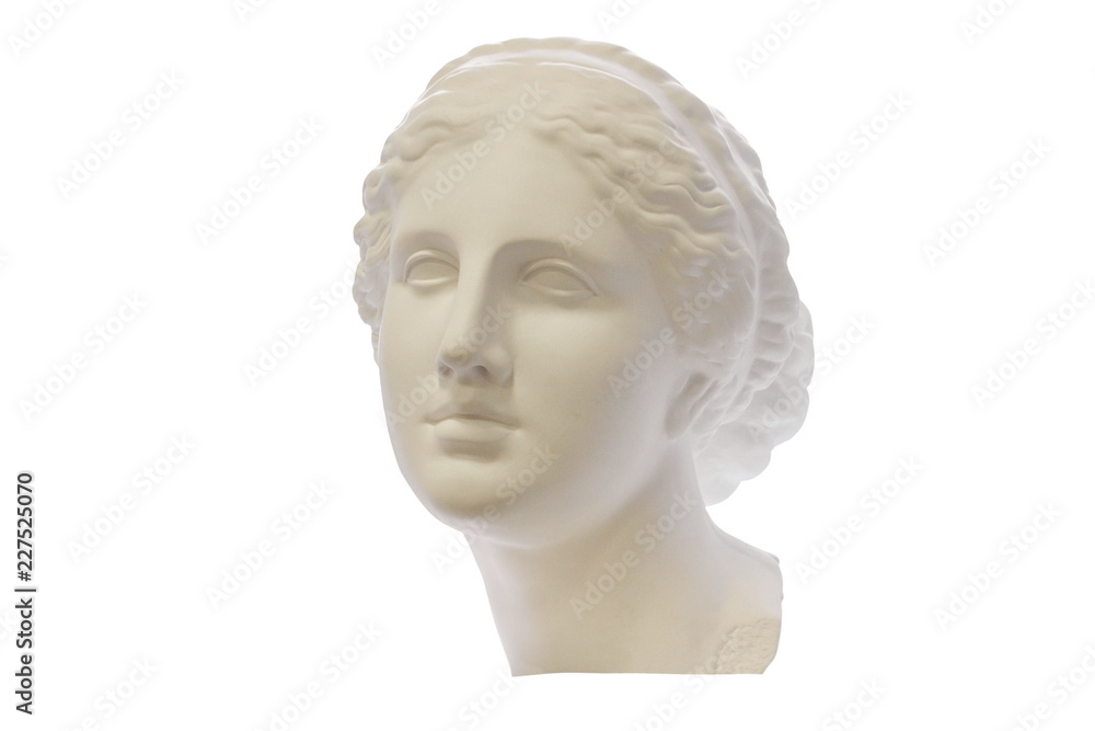 Gypsum head of ancient Greek young woman isolated on white background. For learning drawing.