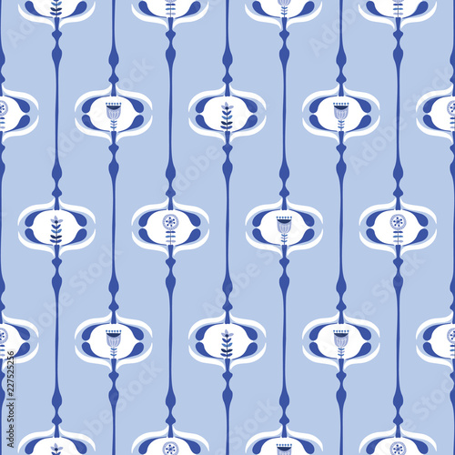 Folk Floral Ogee on Blue Background Vector Seamless Pattern. Delft Florals. Hand-drawn geometric flora.