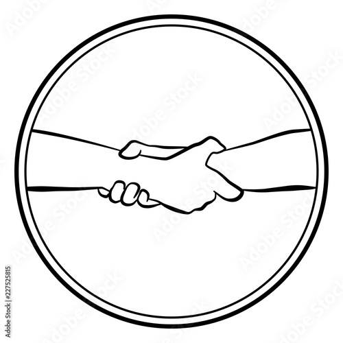 Gripping helping rescuing hands. Isolated round logo outline vector illustration on white background.