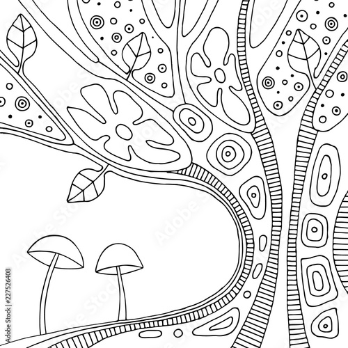 Vector black and white hand drawn illustration of psychedelic abstract tree  flowers  leaves  dots  mushrooms  background Decorative artistic creative picture  line drawing. Picture for coloring