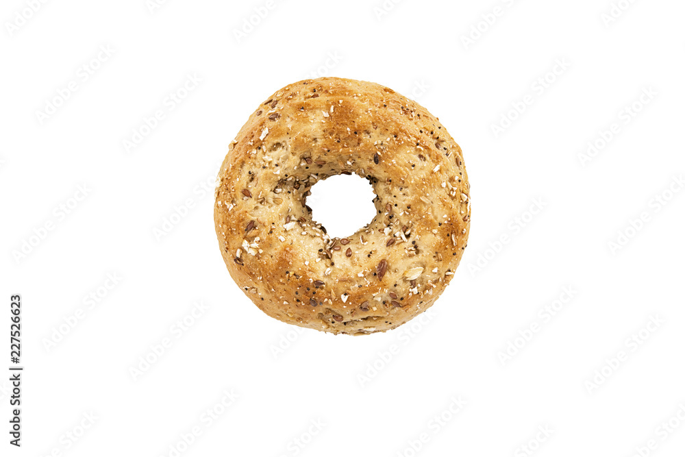 Multi-grain bagel bread, directly above. Isolated on white background. Multi-grain bagel bread, directly above. Isolated on white background.