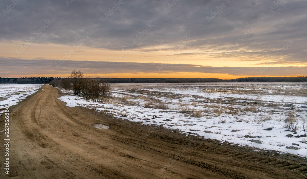 a dirt logging track through a field of snow going into the distance, with twilight sky
