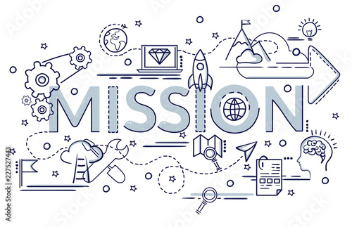 Design concept of Mission. Infographic idea of making creative products..Template for website banner, flyer and poster.  Hand drawn doodle cartoon vector illustration.