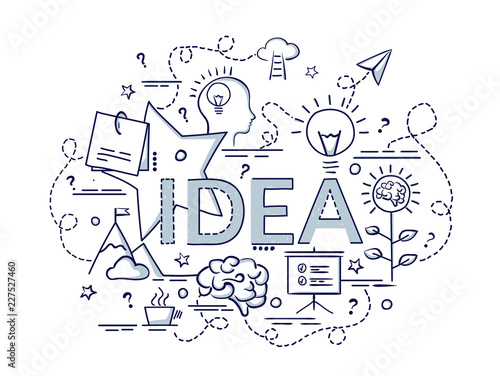Design concept for Idea. Infographic idea of making creative products..Template for website banner, flyer and poster. Hand drawn doodle cartoon vector illustration.