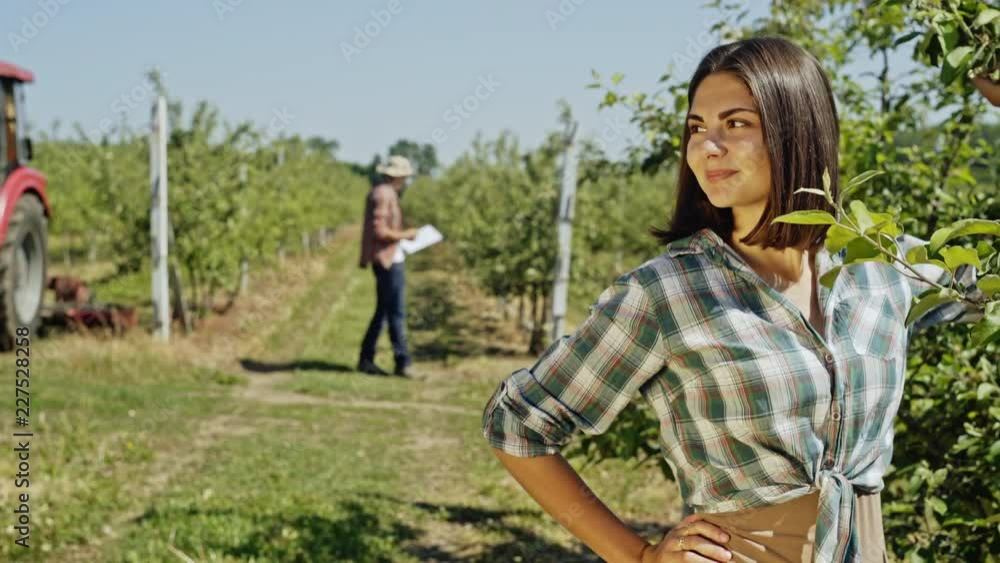 Woman with a friendly smile checking fruit trees in an orchard as a tractor drives through the rows behind her. Woman with a friendly smile checking fruit trees in an orchard as a tractor drives through the rows behind her.