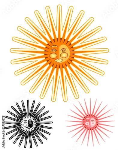 Serene sun face with long rays.  Comes with bonus variations.  Seventies style.